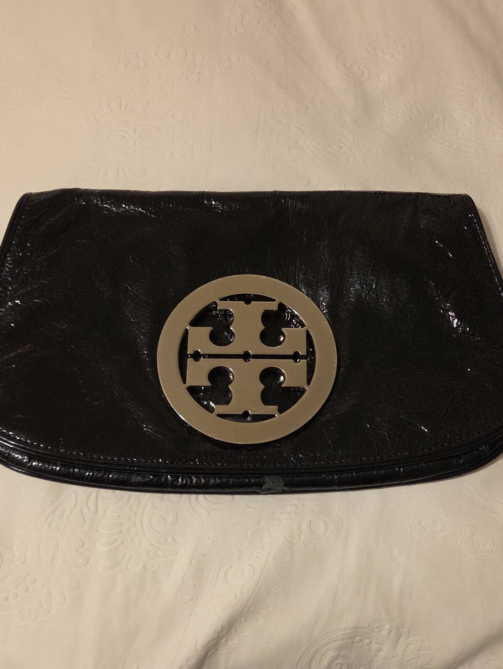 Tory Burch Black Patent Clutch with Gold Logo Emblem